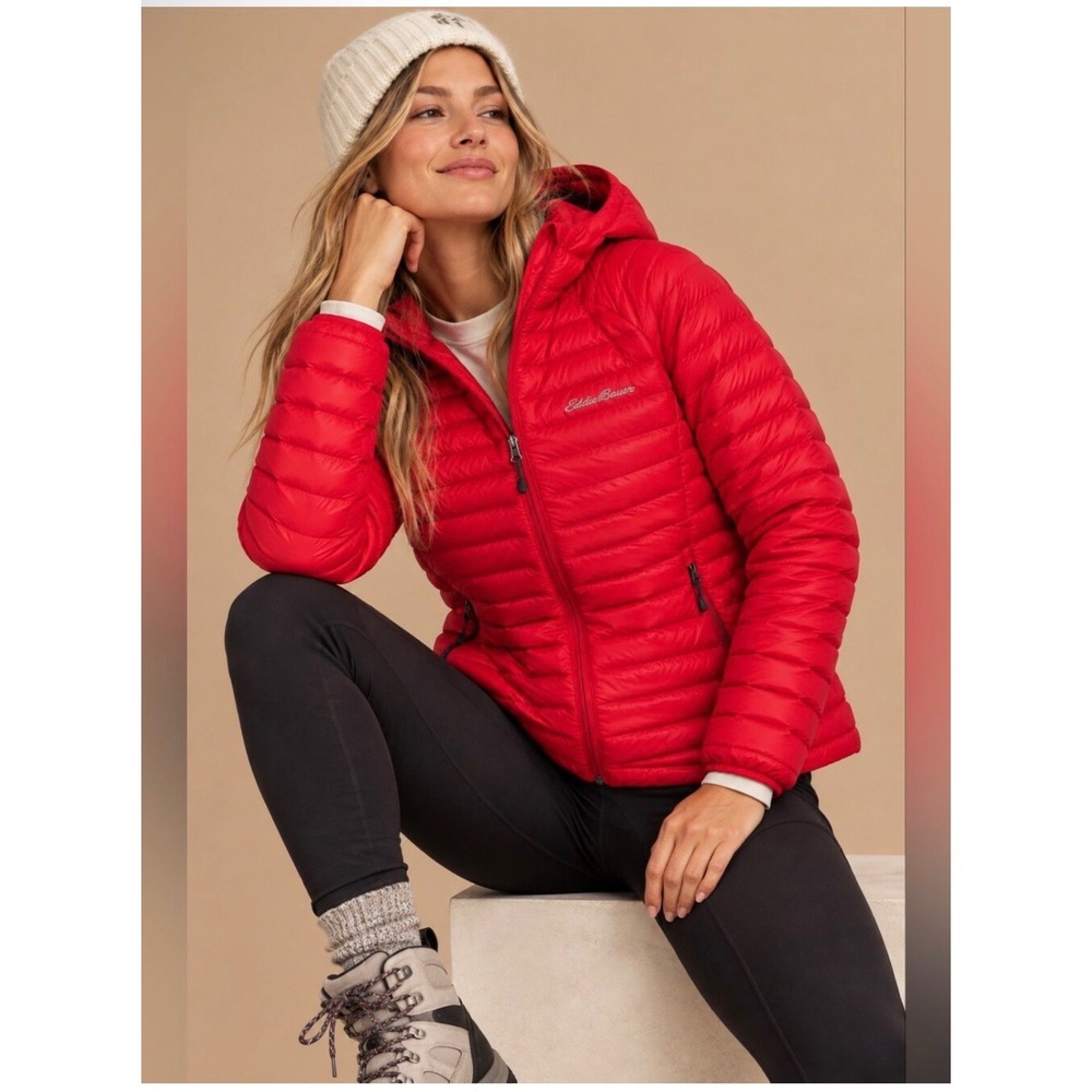 Eddie Bauer First Ascent Puffer Jacket Full Zip Hoodie Goose Down Red Womens ST